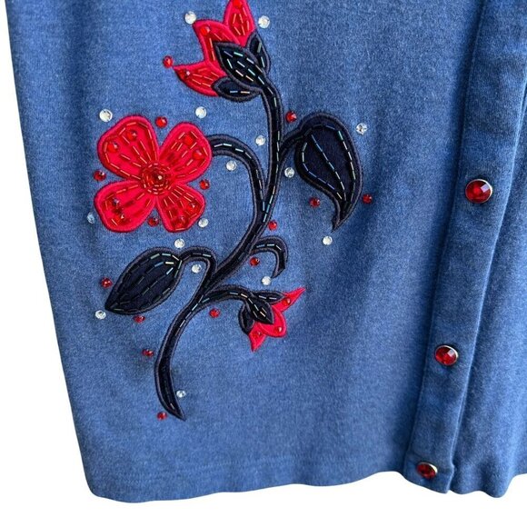 Dianas Essentials Retro Blue Sleeveless Red Floral Design Embroidered Vest Small - Picture 2 of 9